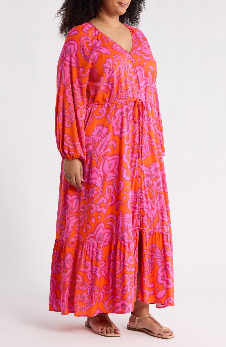 SUGARLIPS Marinda Floral Print Long Sleeve Maxi Dress, Alternate, color, Orange-Fuchsia