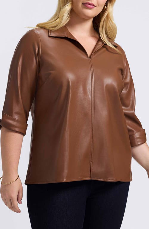 Foxcroft Agnes Faux Leather Long Sleeve Popover Top In Brown