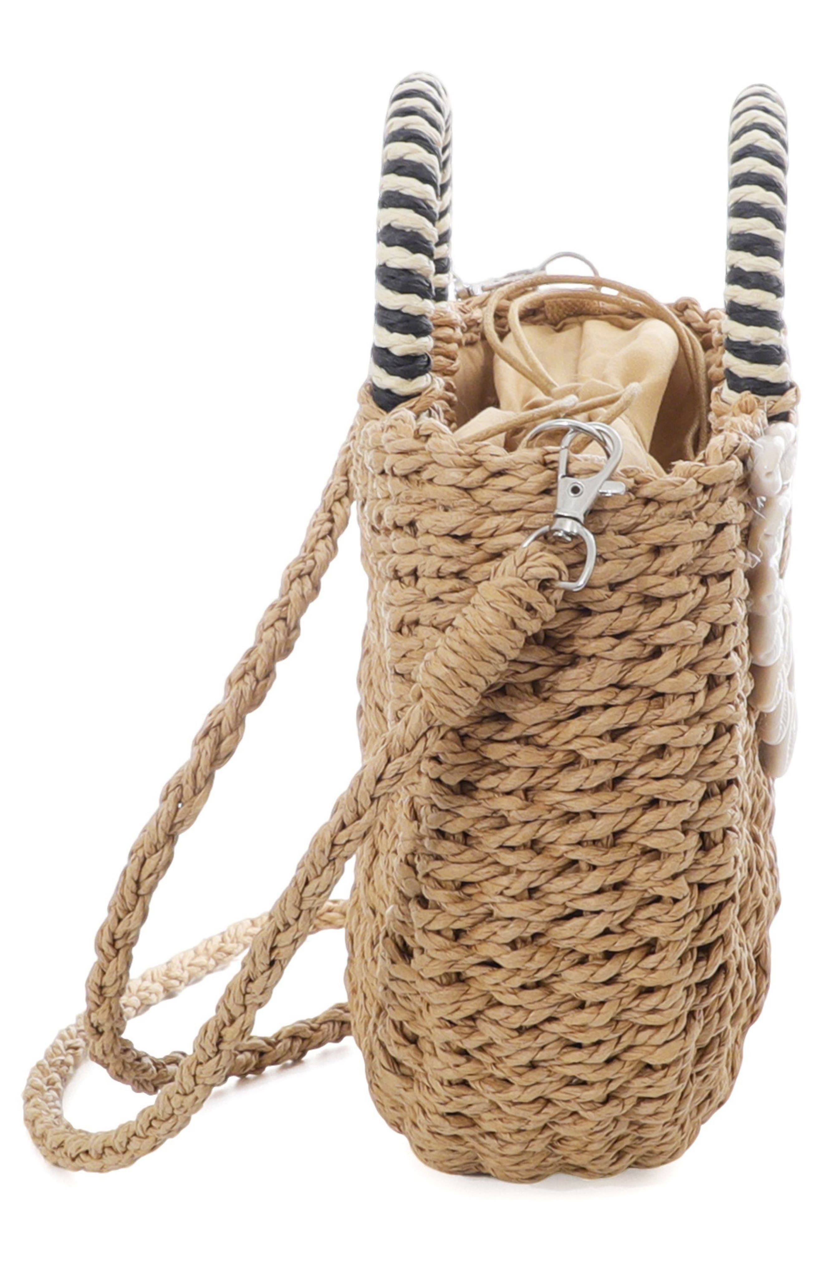 Adornia Basket Arc Handle Shell Embellished Straw Handbag, Alternate, color, Brown