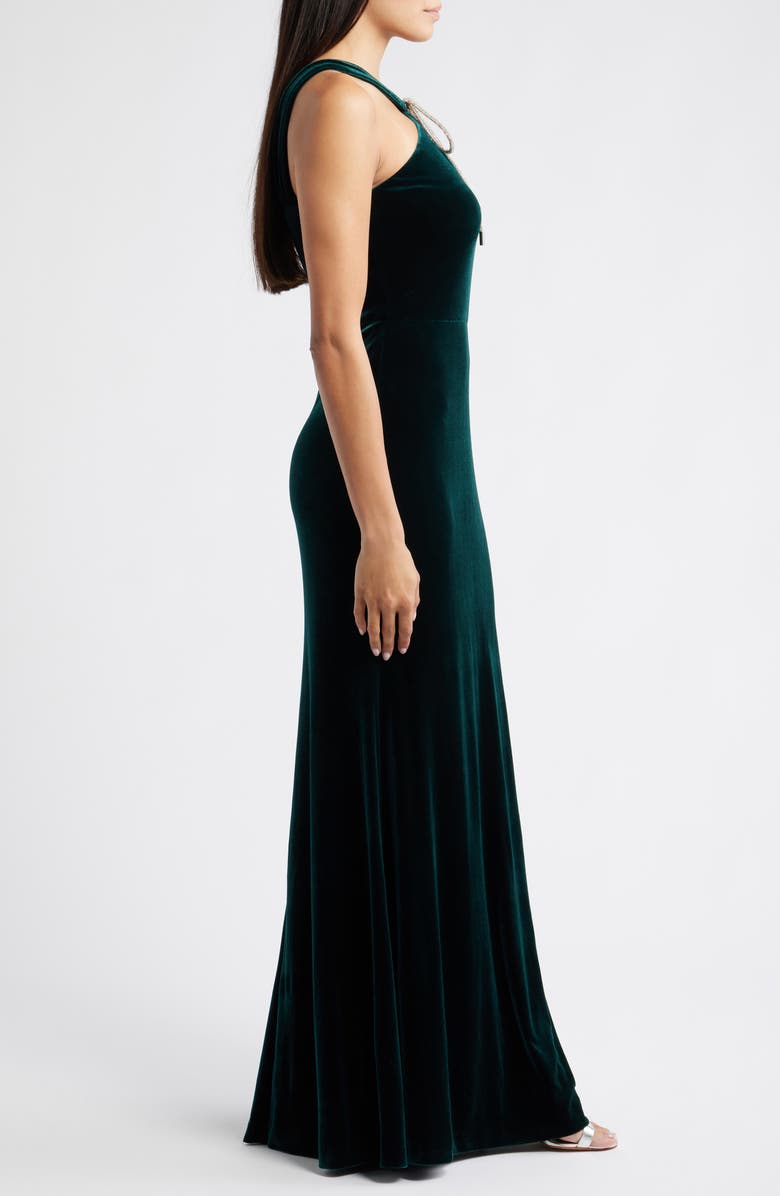 Eliza J Bow Halter Neck Velvet Gown, Alternate, color, Hunter