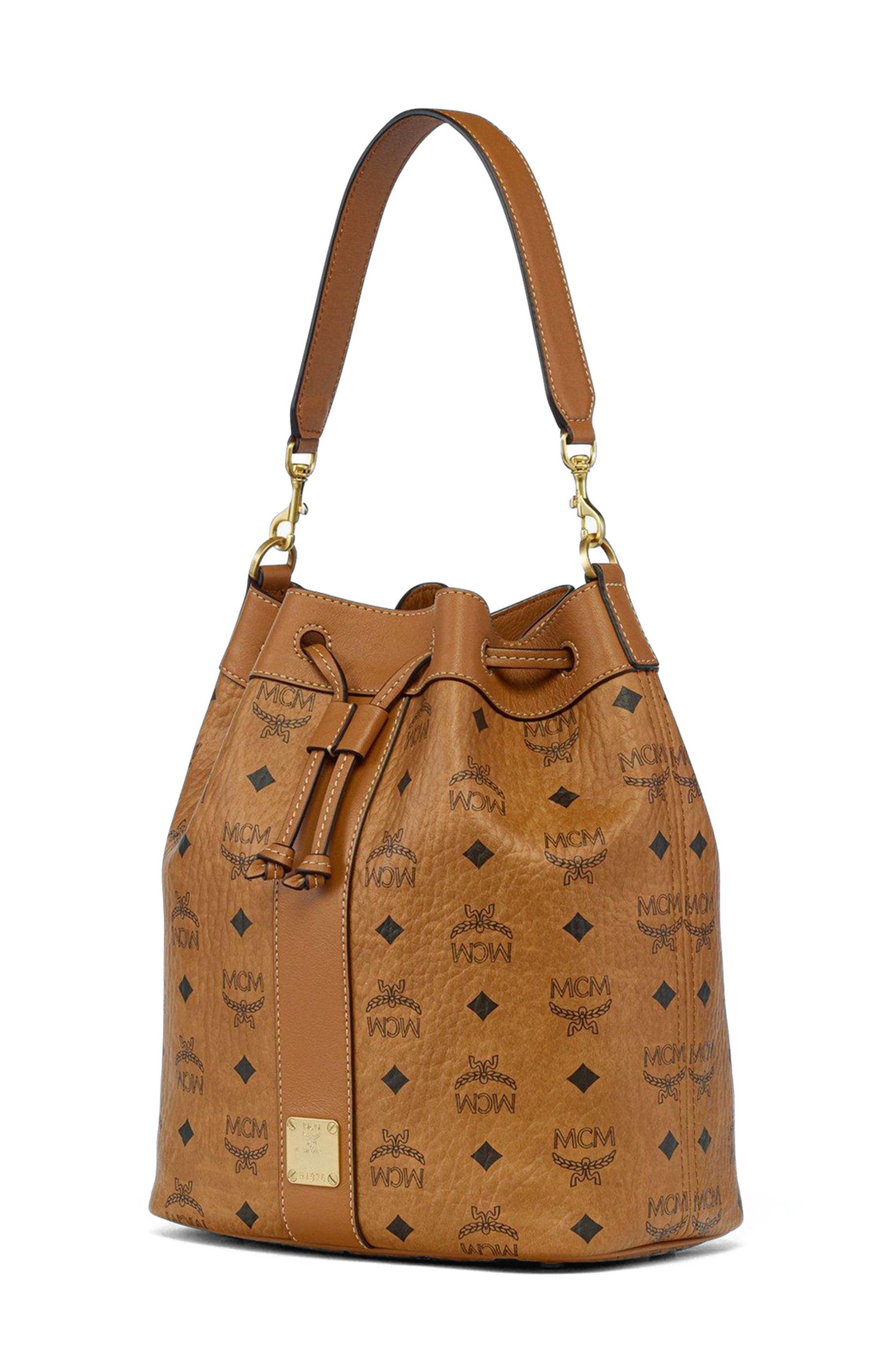 MCM Dessau Drawstring Bag in Visetos, Alternate, color, Cognac