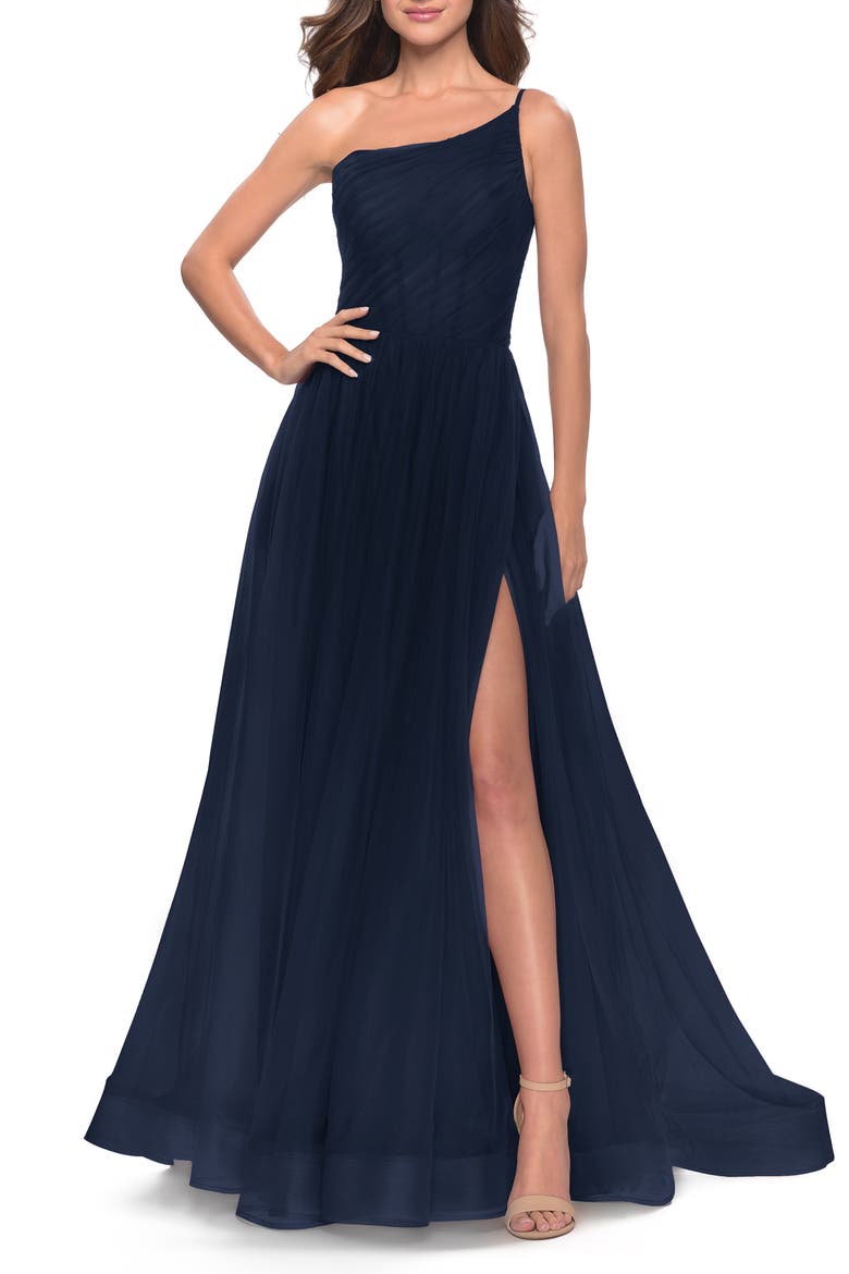 One Shoulder A-Line Tulle Gown with Sheer Bodice, Main, color, Navy