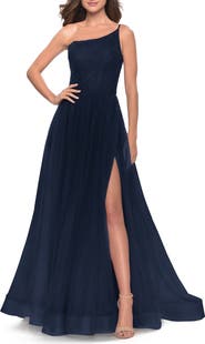La Femme One Shoulder A-Line Tulle Gown with Sheer Bodice