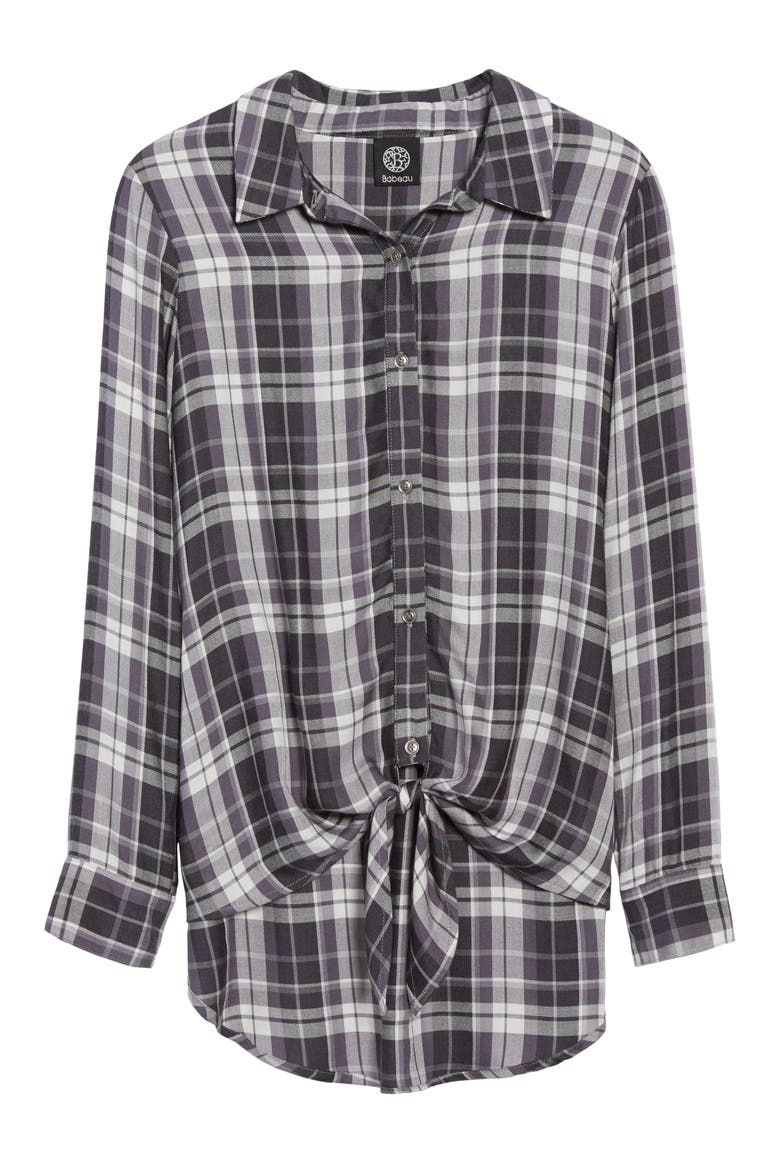 Tie Front Plaid Shirt, Alternate, color, GREY/ BLACK PLAID