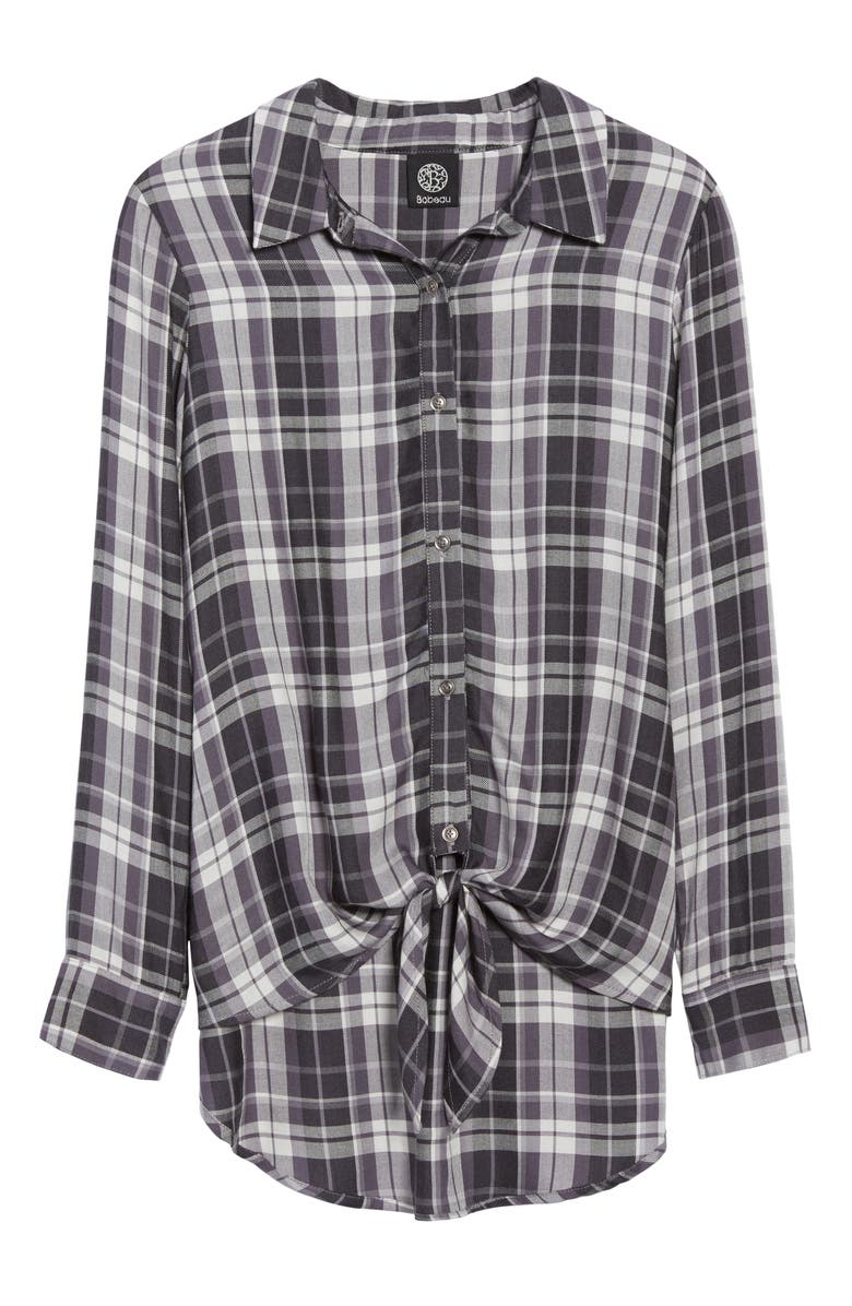 Bobeau Tie Front Plaid Shirt, Alternate, color,