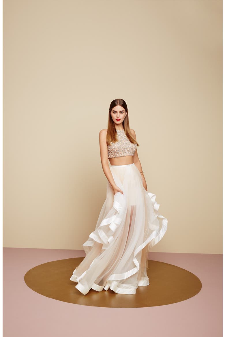 Beaded Top & Organza Two-Piece Ballgown, Alternate, color, BLACK/ NUDE