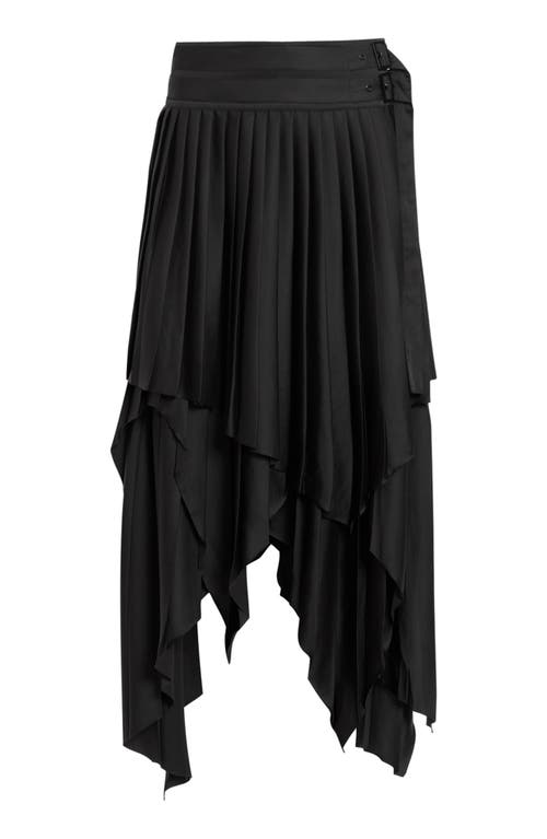 Allsaints Womens Black Kat Pleated Asymmetric-hem Satin Midi Skirt In Black