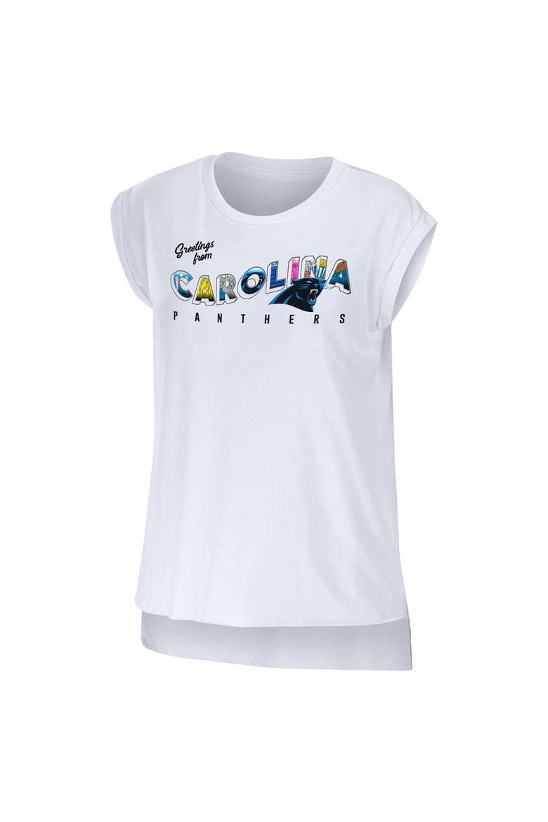 Women's WEAR by Erin Andrews White Carolina Panthers Greetings From Muscle T-Shirt, Alternate, color, White