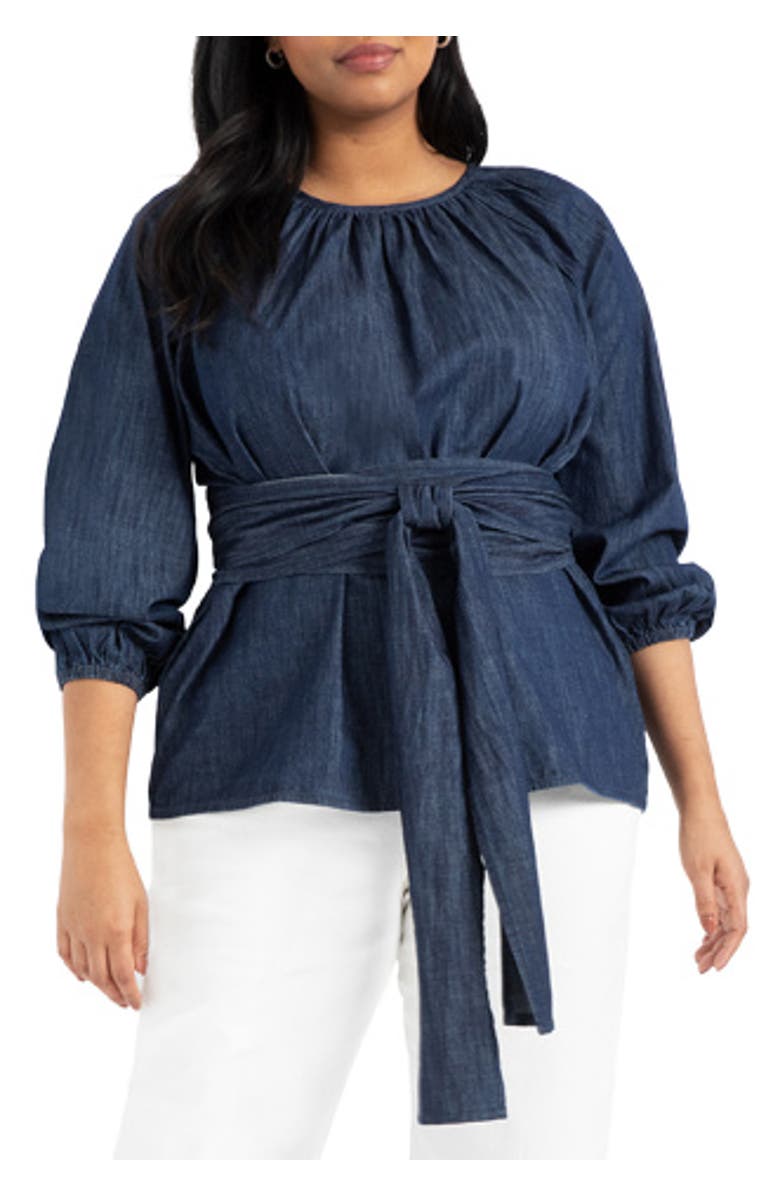 ELOQUII Dramatic Faux Wrap Top, Main, color, Dark Wash