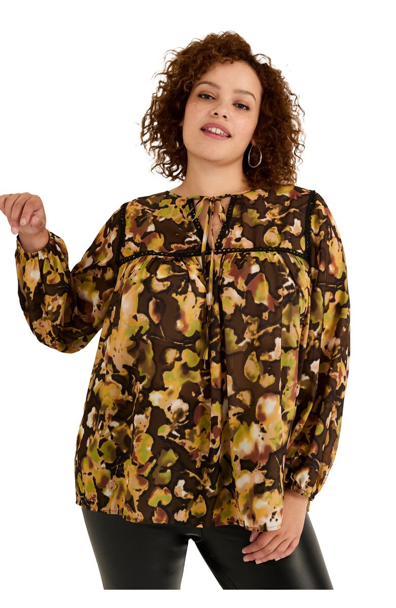 June + Vie Lace Trim Blouse, Main, color, Watercolor Floral