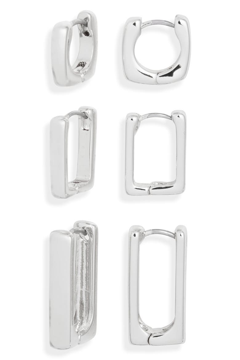 Set of 3 Square Huggie Hoop Earrings, Main, color, SILVER