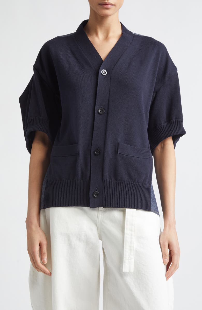 Sacai Short Sleeve Mixed Media Cardigan, Main, color, Navy/ Blue
