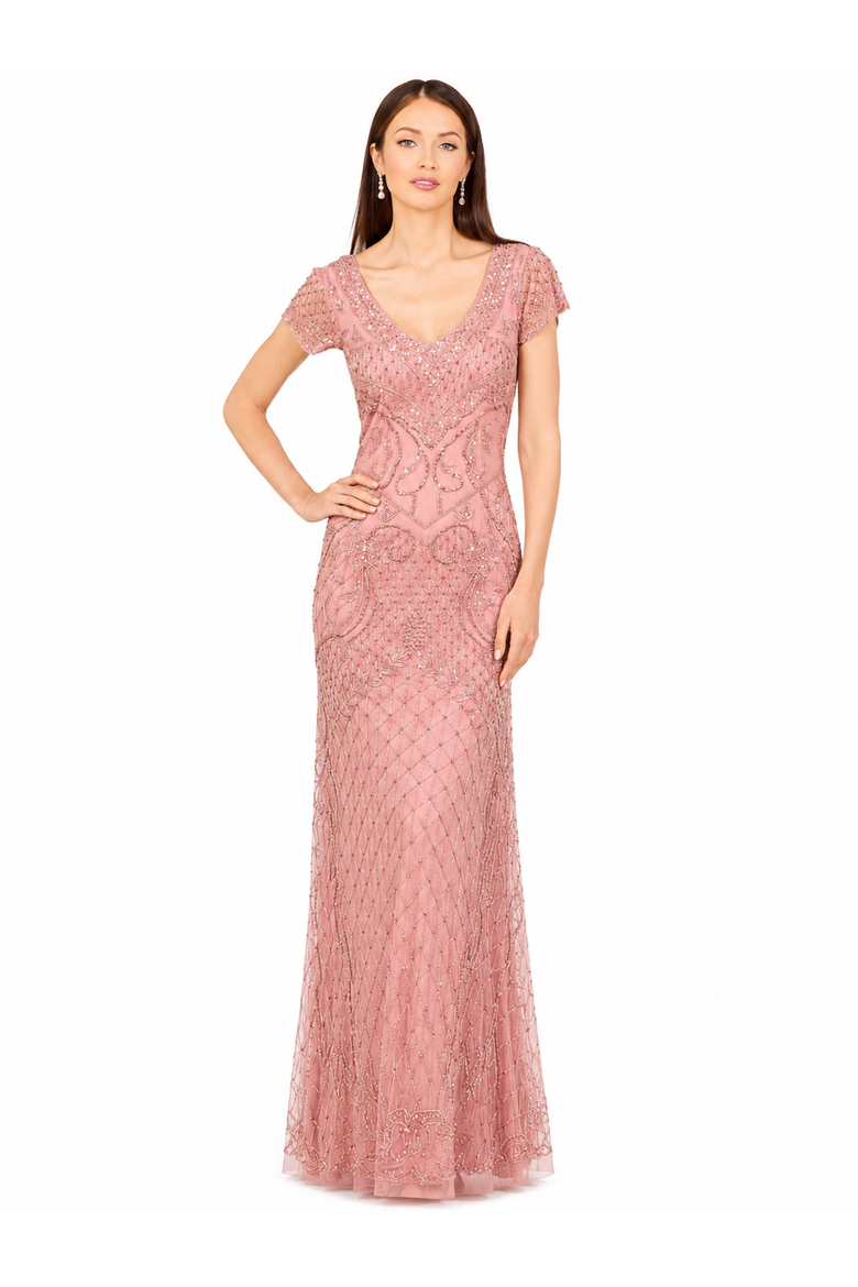 Beaded Cap Sleeve Gown With V-Neckline, Main, color, Rose