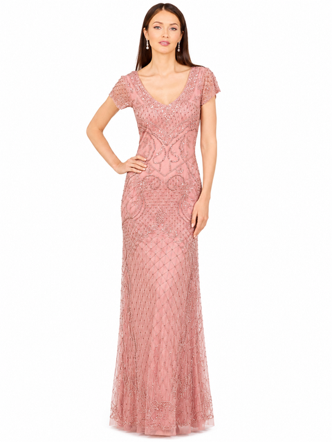 Beaded Cap Sleeve Gown With V-Neckline