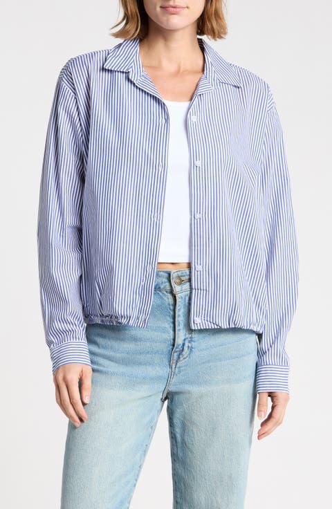 Marin Stripe Cotton Crop Bubble Hem Shirt