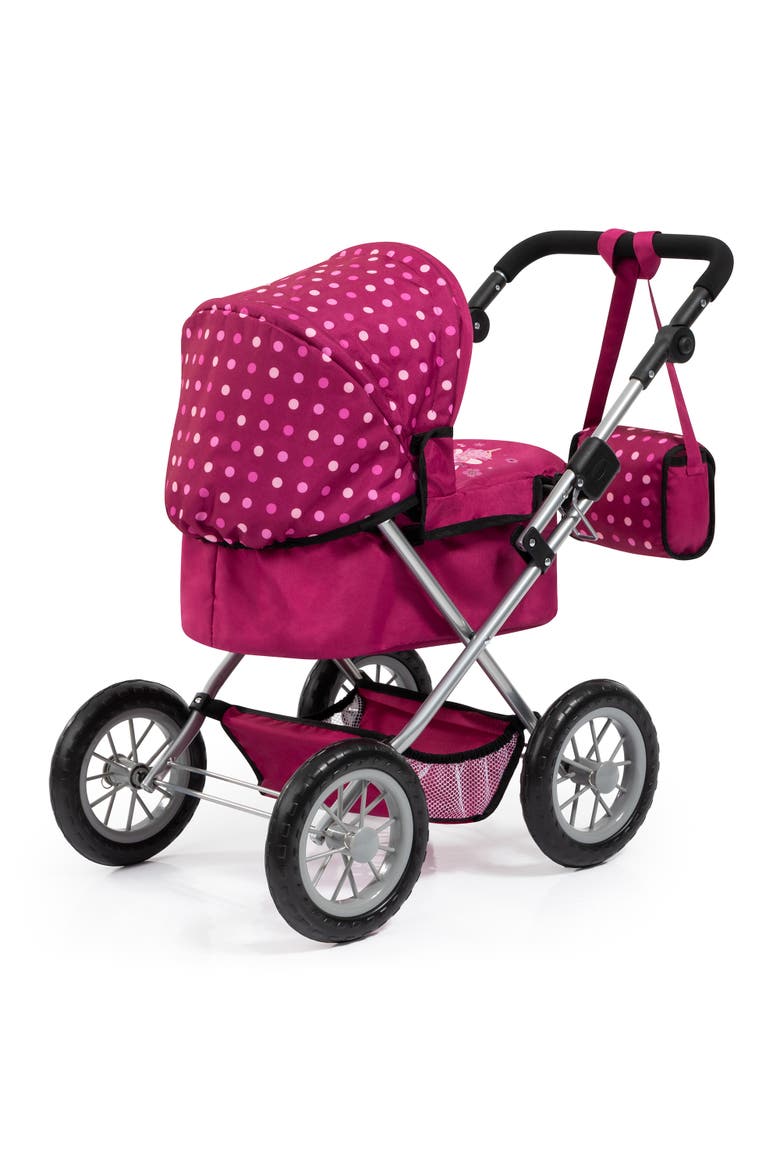 Bayer Dolls Pram Trendy with Shoulder Bag and Underneath Shopping Basket, Bordeaux, Red with Pattern, Alternate, color, Pink