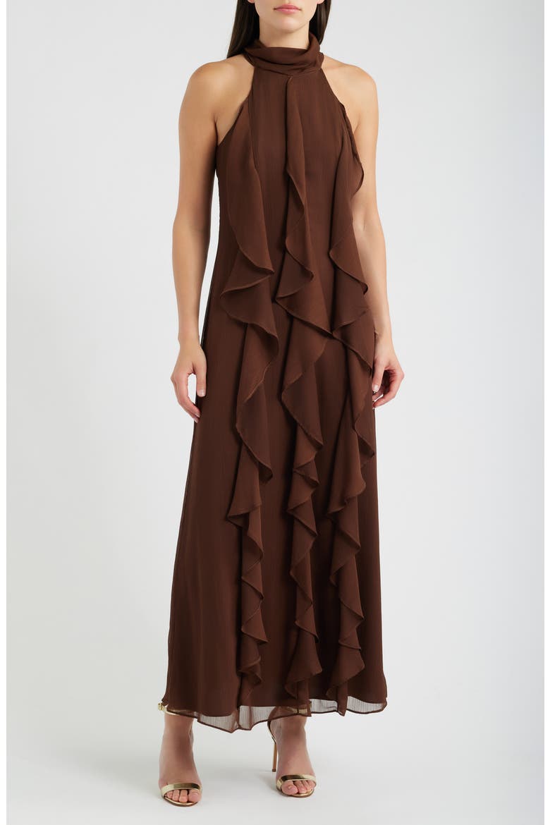 Cascade Ruffle Halter Gown, Main, color, CHOCOLATE