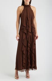 Eliza J Cascade Ruffle Halter Gown