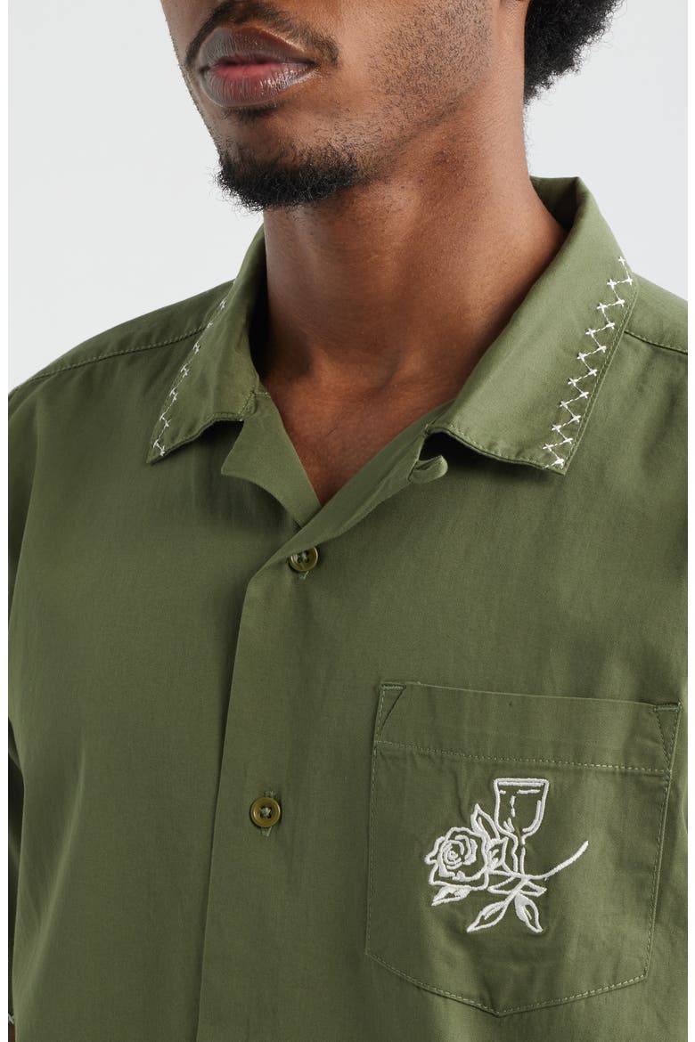 Border Embroidered Short Sleeve Button-Up Shirt, Alternate, color, OLIVE