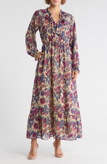 Melrose And Market Floral Long Sleeve Ruffle Chiffon Maxi Dress In Purple