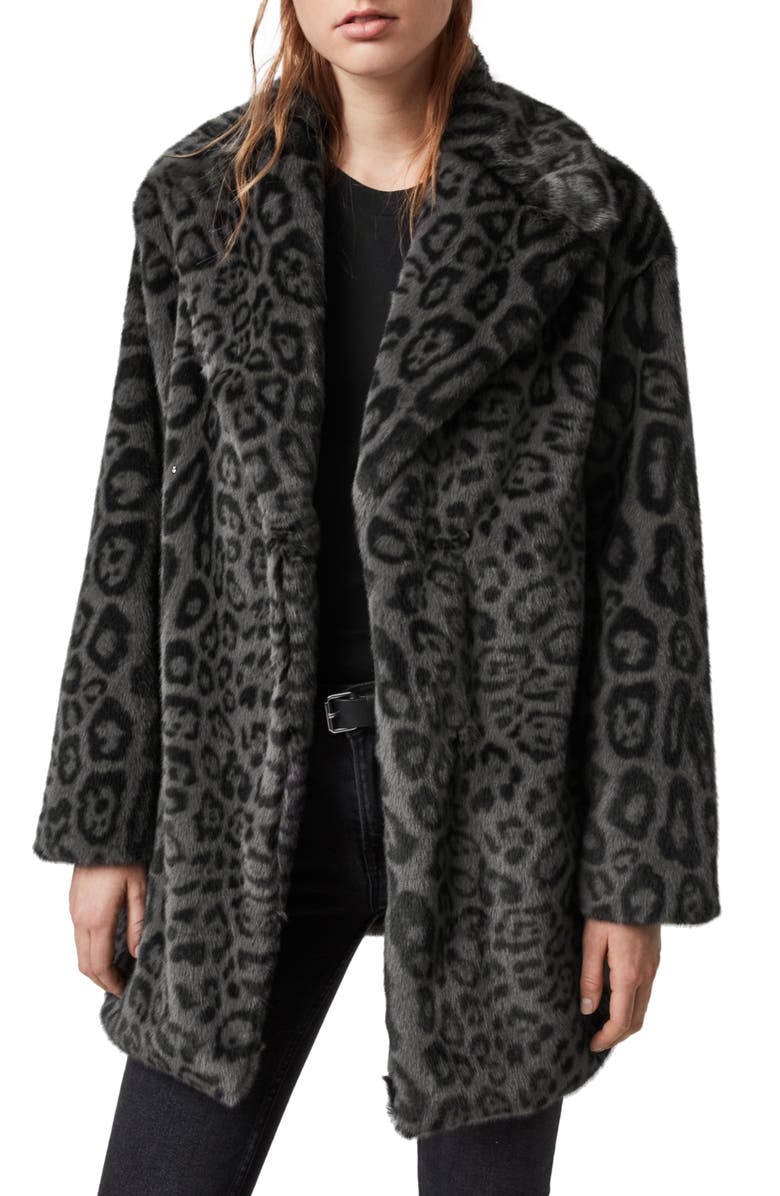 AllSaints Amice Leopard Print Faux Fur Coat, Main, color, 