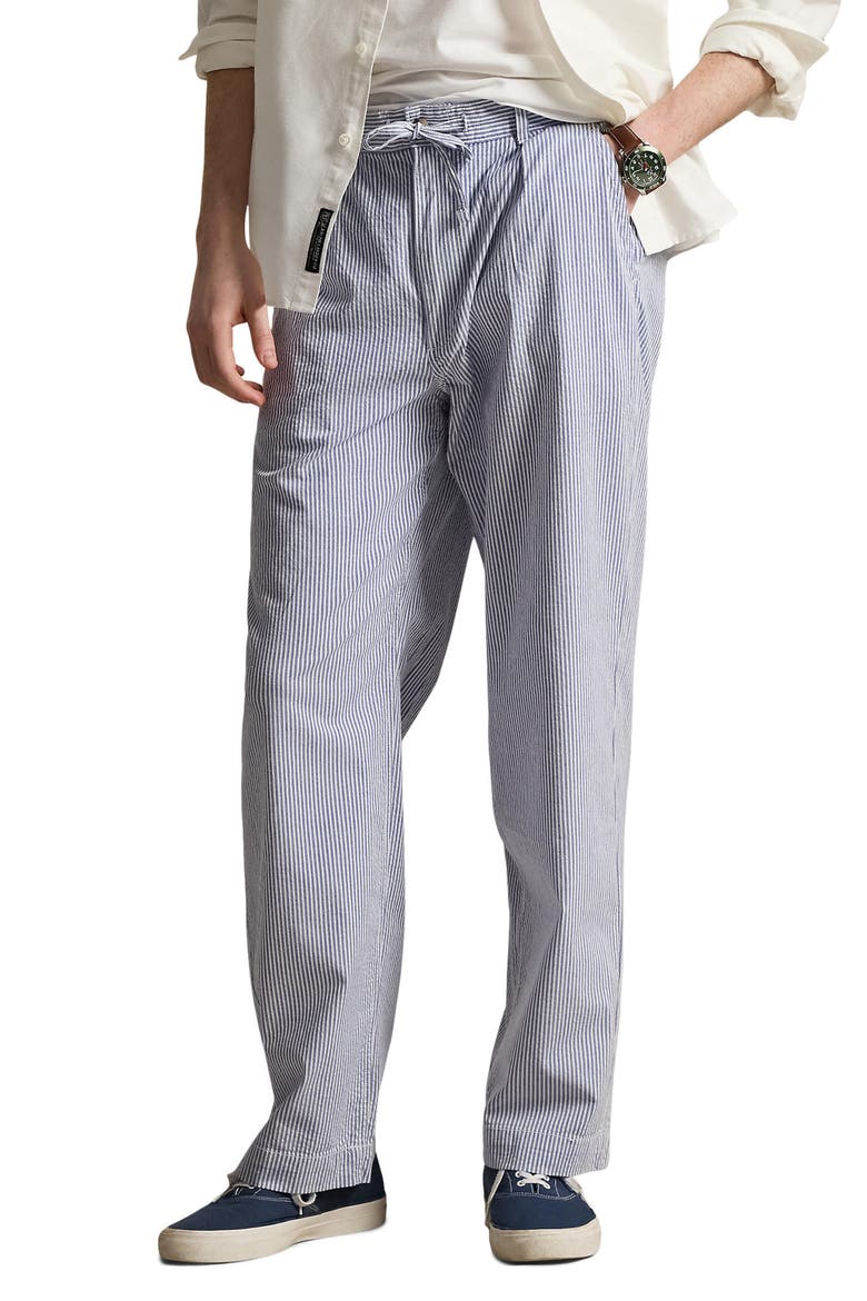 Prepster Relaxed Fit Easy Pleated Stretch Cotton Pants, Main, color, BLUE AND WHITE SEERSUCKER