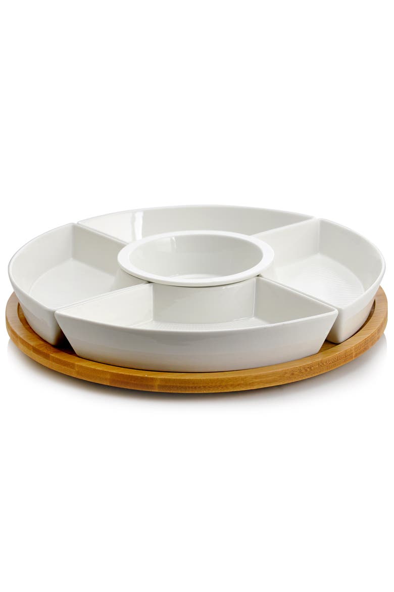 12 1/4 Inch 6-Piece Lazy Susan Appetizer and Condiment Server Set with 5 Serving Dishes and a Wood Lazy Suzan Serving Tray, Main, color, White