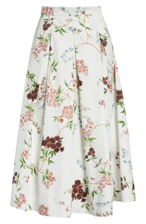 Chintz Floral Pleated Organic Cotton Poplin A-Line Midi Skirt
