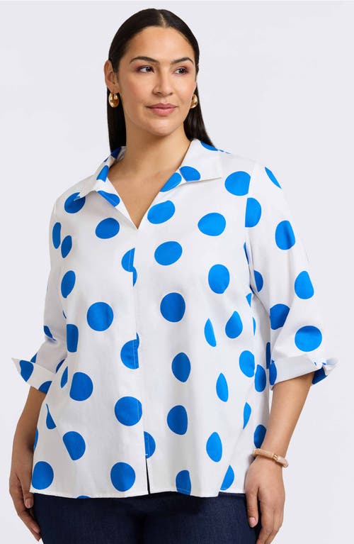 Foxcroft Agnes Dot Print Three-quarter Sleeve Cotton Popover Top In White/blue