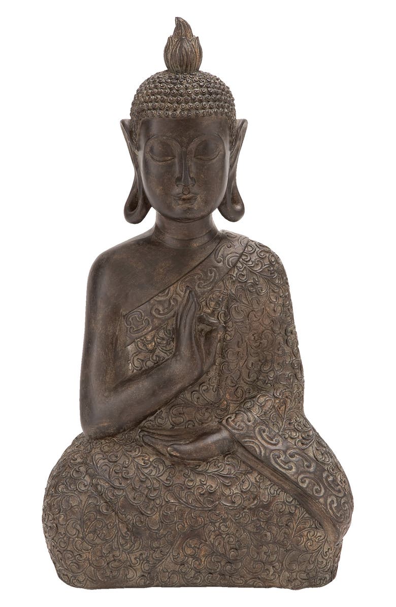 WILLOW ROW Brown Polystone Bohemian Buddha Sculpture with Engraved Carvings and Relief Detailing, Main, color,