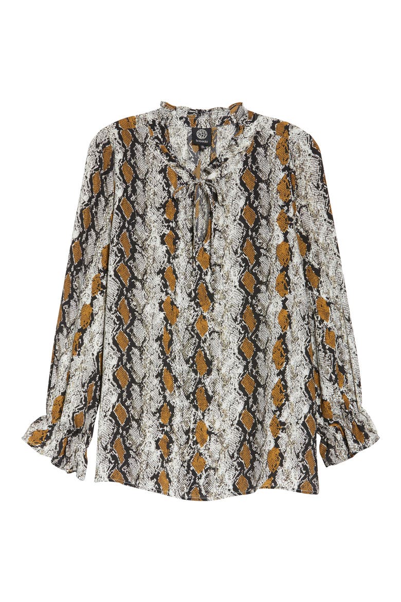 Print Tie Neck Blouse, Alternate, color, MUSTARD SNAKE PRINT