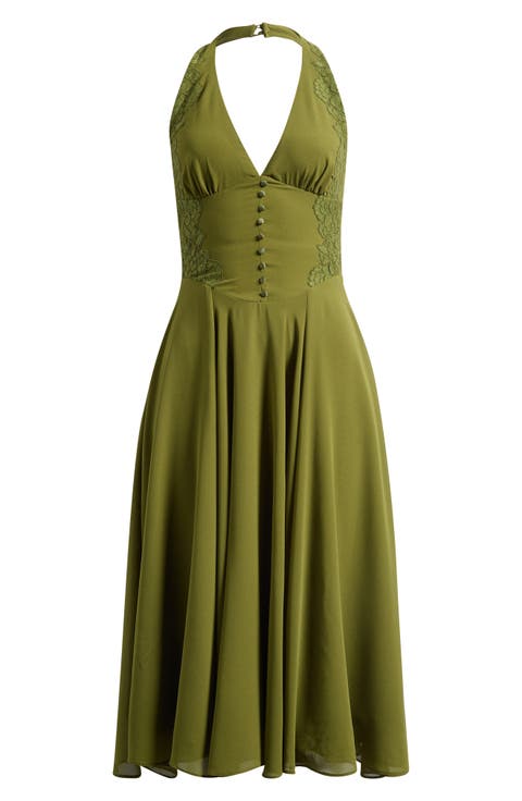 Coco Olive Georgette Lace Fit & Flare Midi Dress