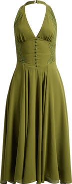HOUSE OF CB Coco Olive Georgette Lace Fit & Flare Midi Dress