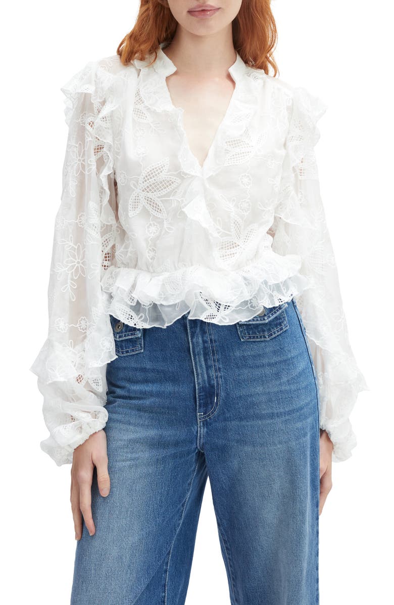 Bardot Embroidered Frill Top, Main, color, Orchid White