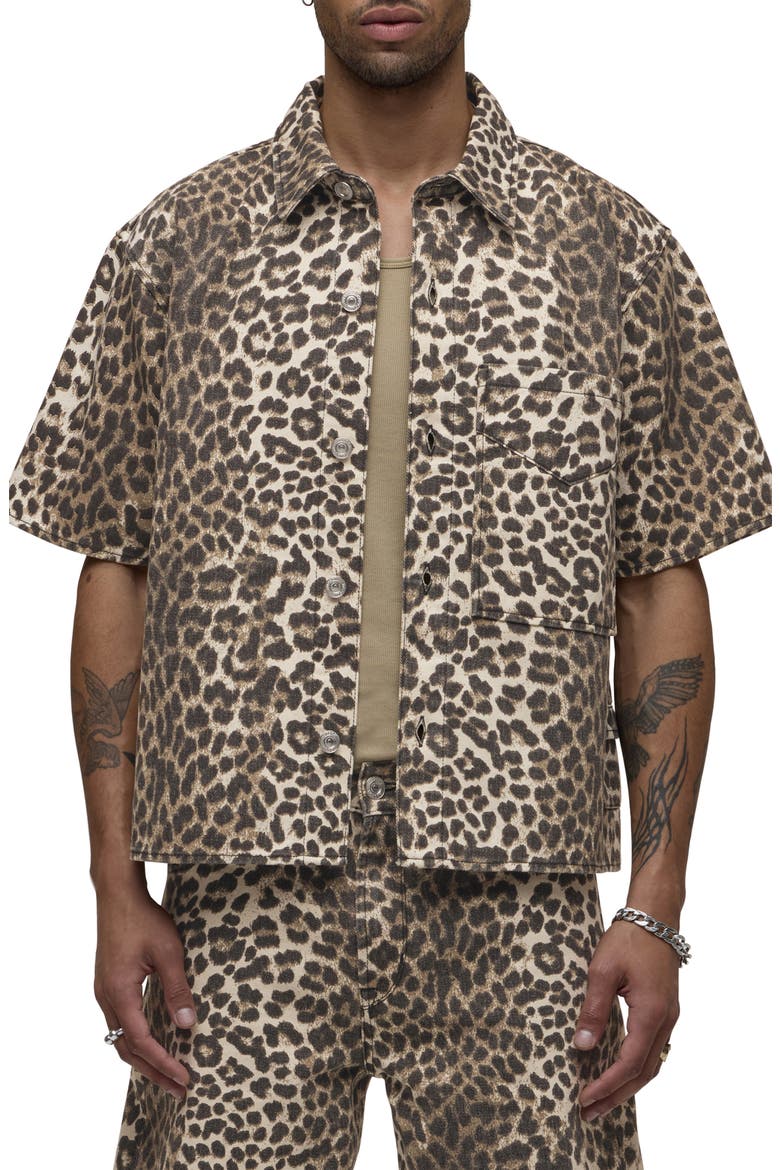 Rex Oversize Short Sleeve Cotton Poplin Button-Up Shirt, Main, color, CHEETAH