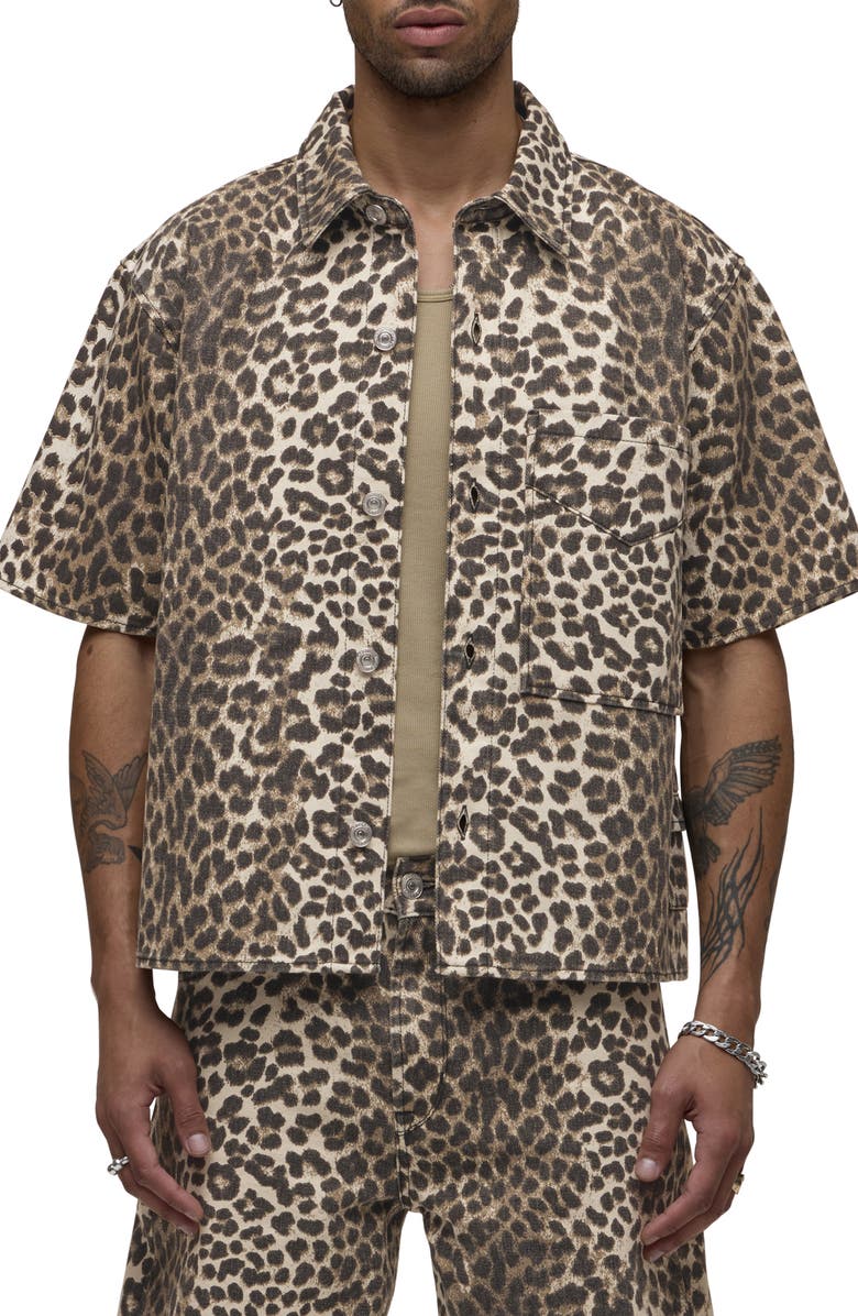 Hudson Jeans Rex Oversize Short Sleeve Cotton Poplin Button-Up Shirt, Main, color, Cheetah