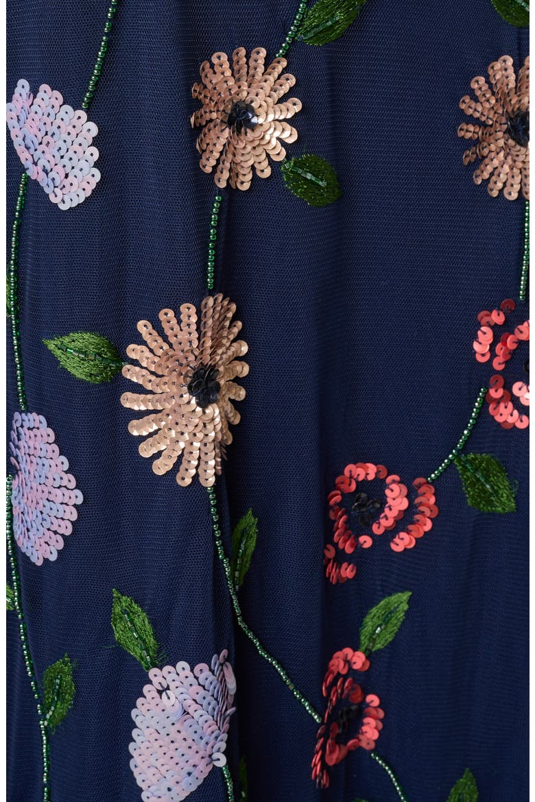 Beaded One-Shoulder Mesh Gown, Alternate, color, NAVY MULTI