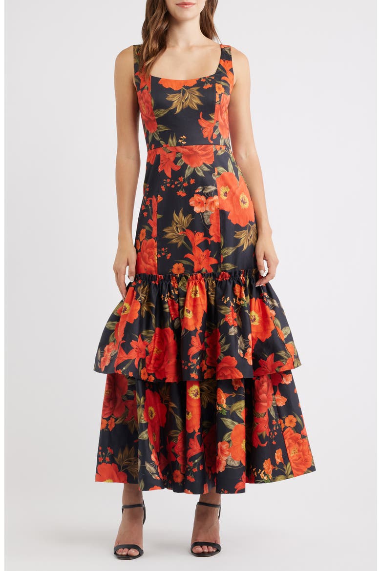Avalee Floral Tiered Gown, Main, color, BLACK ROMANTIC SPANISH FLORAL
