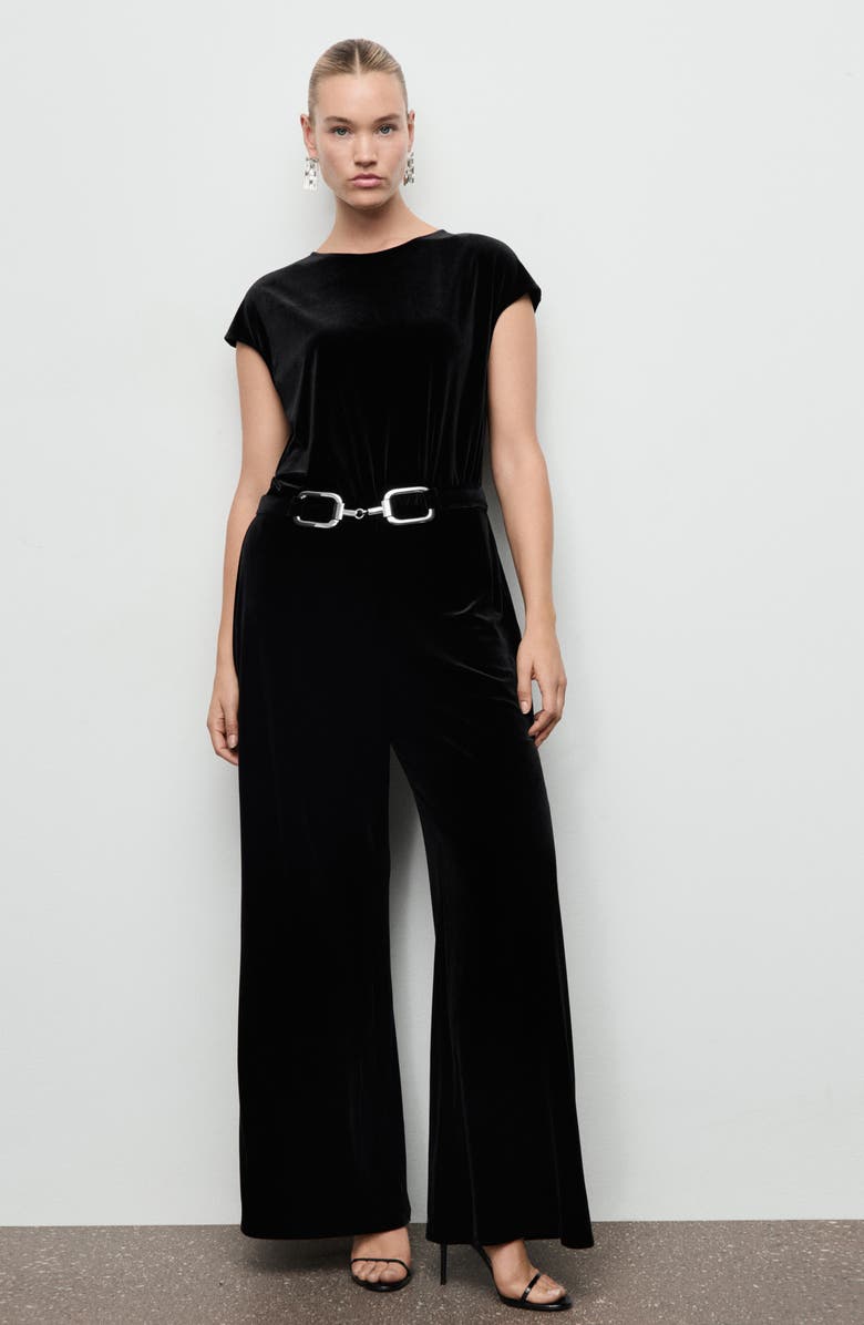 MANGO Belted Velvet Jumpsuit, Alternate, color, Black