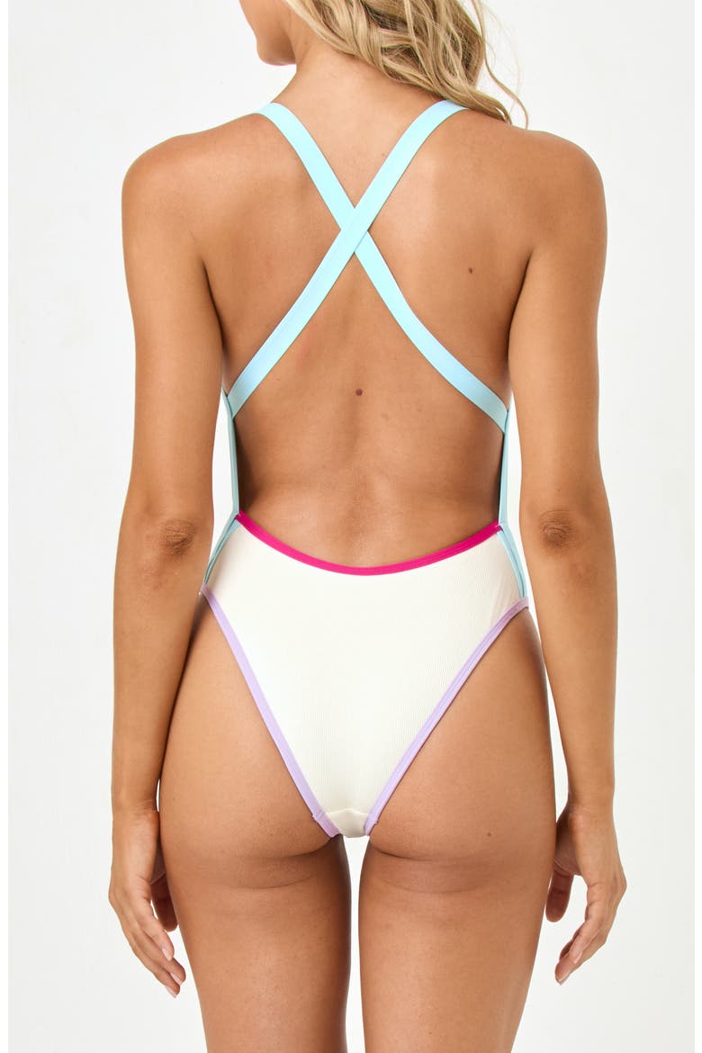 Baewatch Colorblock Trim Ribbed One-Piece Swimsuit, Alternate, color, CREAM/ BLUE/ PINK/ PURPLE