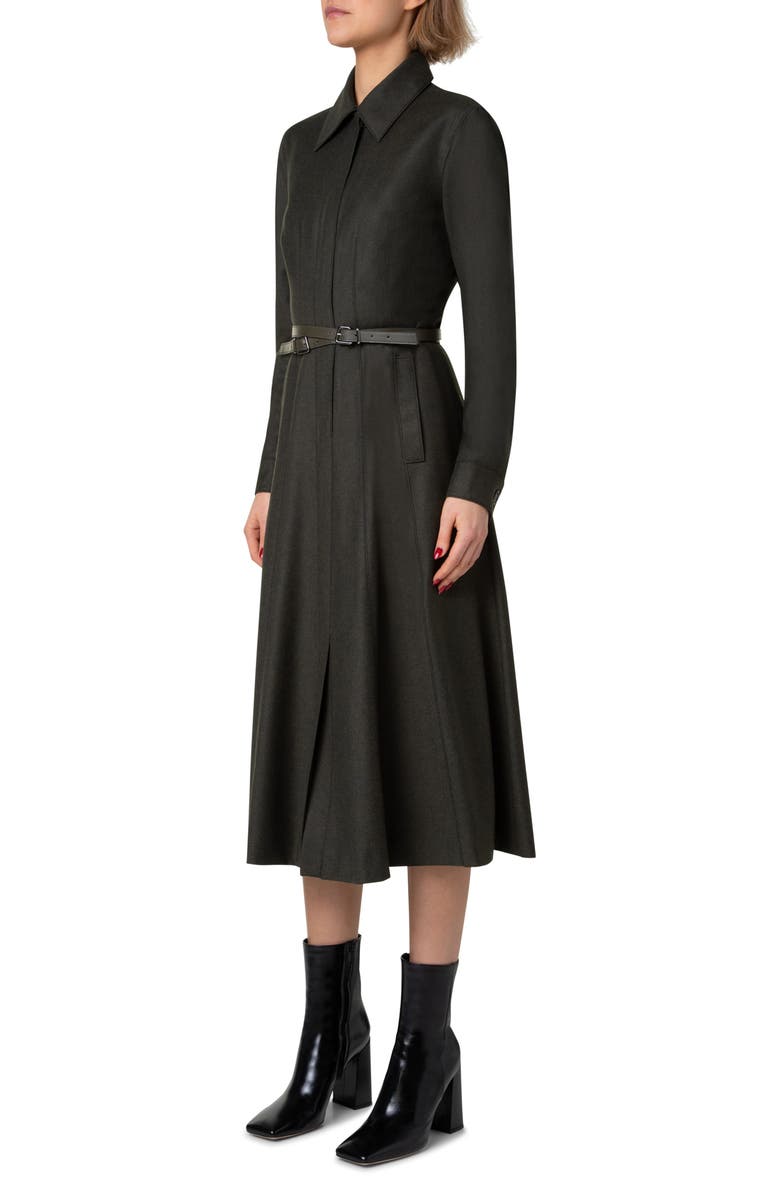 Akris Long Sleeve Belted Stretch Wool Flannel Midi Shirtdress, Alternate, color, 