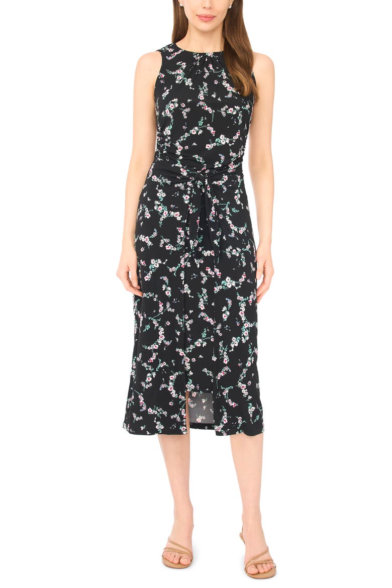 Sleeveless Floral Print Faux Wrap Dress, Main, color, RICH BLACK
