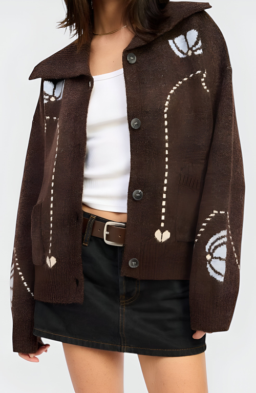 Modenaire Button Up Knit Cardigan With Abstract Floral Print In Brown