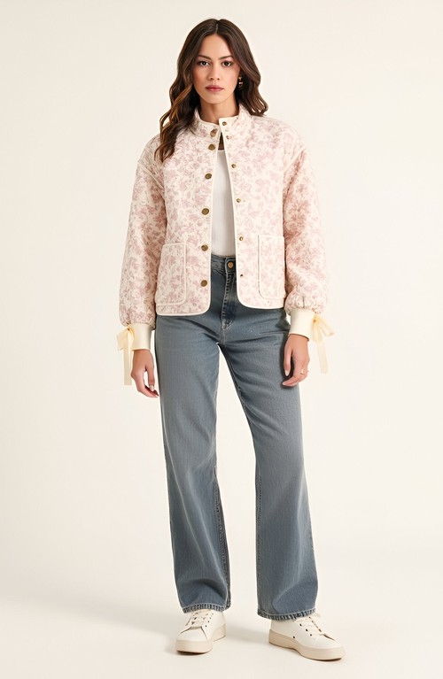 Modenaire Floral Quilted Jacket With Puff Sleeves And Satin Bow Cuffs In Metallic
