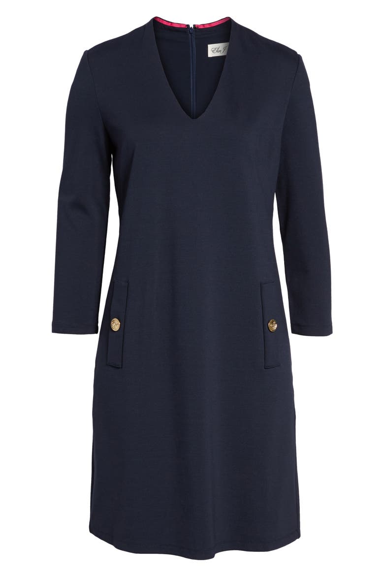 Button Pockets Ponte A-Line Dress, Main, color, NAVY