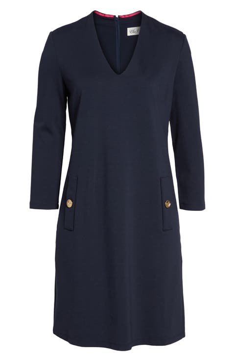 Button Pockets Ponte A-Line Dress
