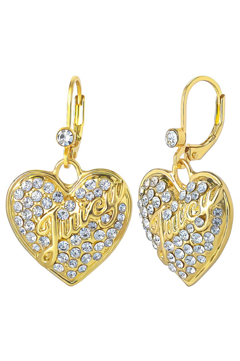 Crystal Heart Charm Dangle Earrings for Women, Yellow Gold-Tone, Leverback, Main, color, Gold-Tone
