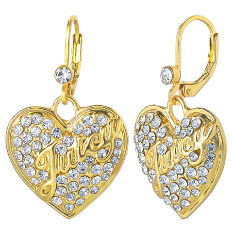 Crystal Heart Charm Dangle Earrings for Women, Yellow Gold-Tone, Leverback