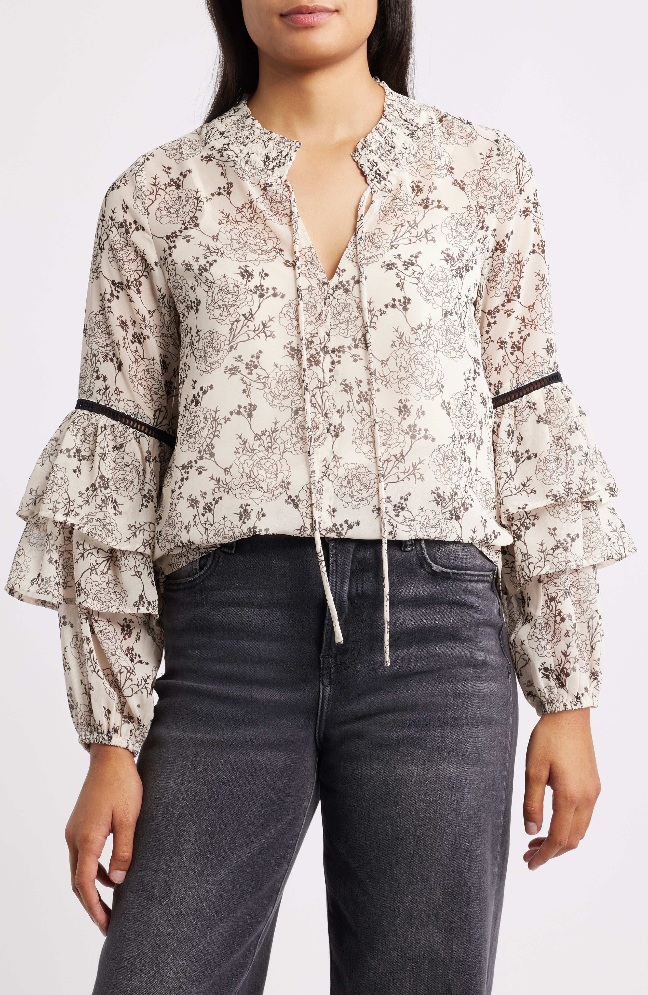 Bobeau Tiered Ruffle Sleeve Top in Oatmeal/Brown Floral 
