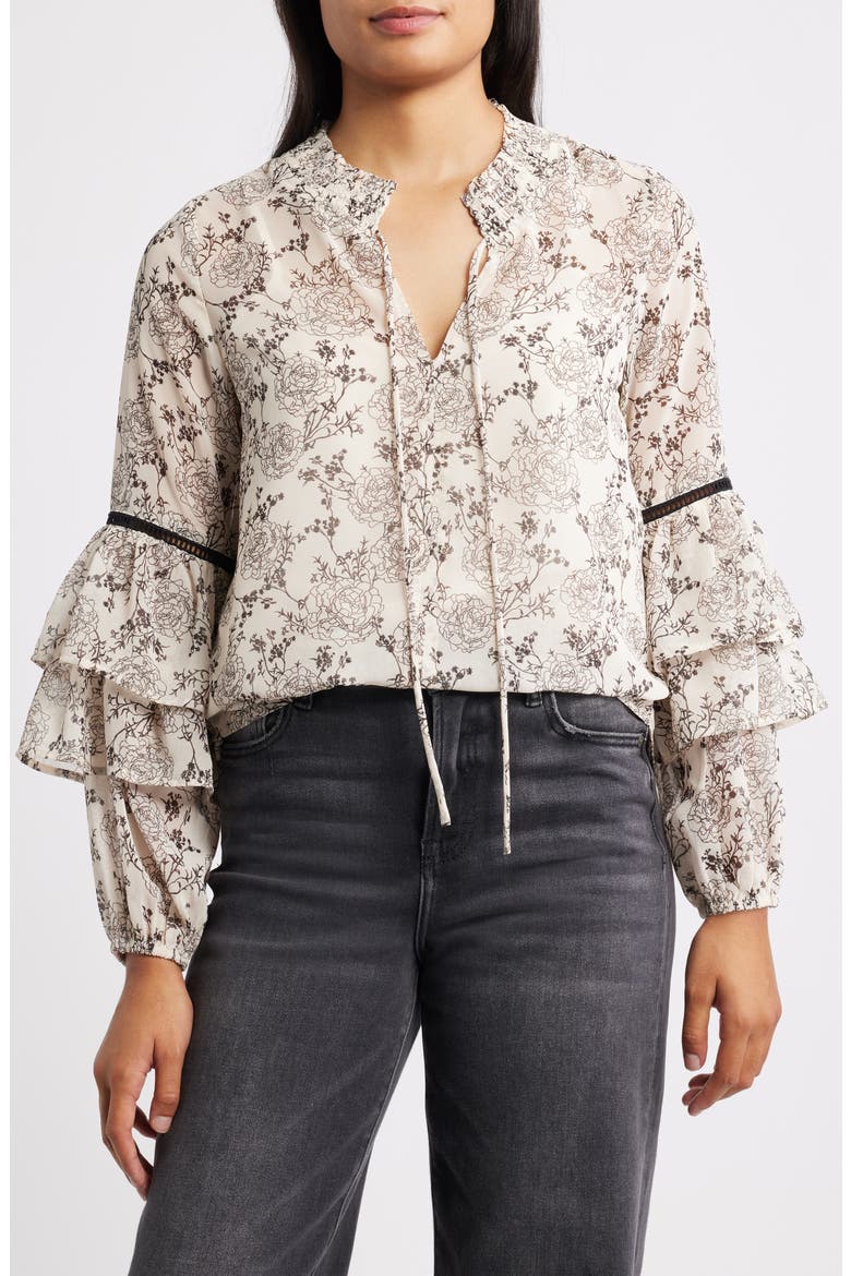 Tiered Ruffle Sleeve Top, Main, color, OATMEAL/ BROWN FLORAL
